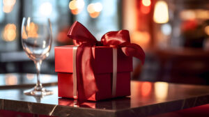 rote Geschenkebox in einem Restaurant, Bar Hintergrund, warme Beleuchtung, modernes und elegantes Geschenk mit rotem Band und einem Glas Wein