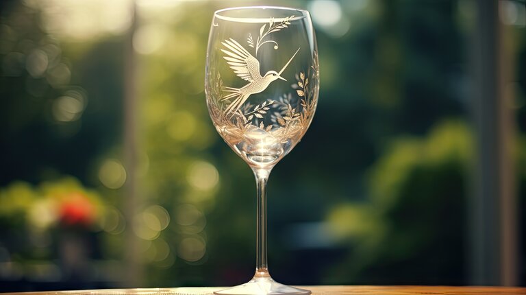 ein Weinglas, das auf einem Tisch vor einem Fenster steht, mit einem Vogel auf der Seite des Glases eigraviert und einem Baum auf der Rückseite des Glases.
